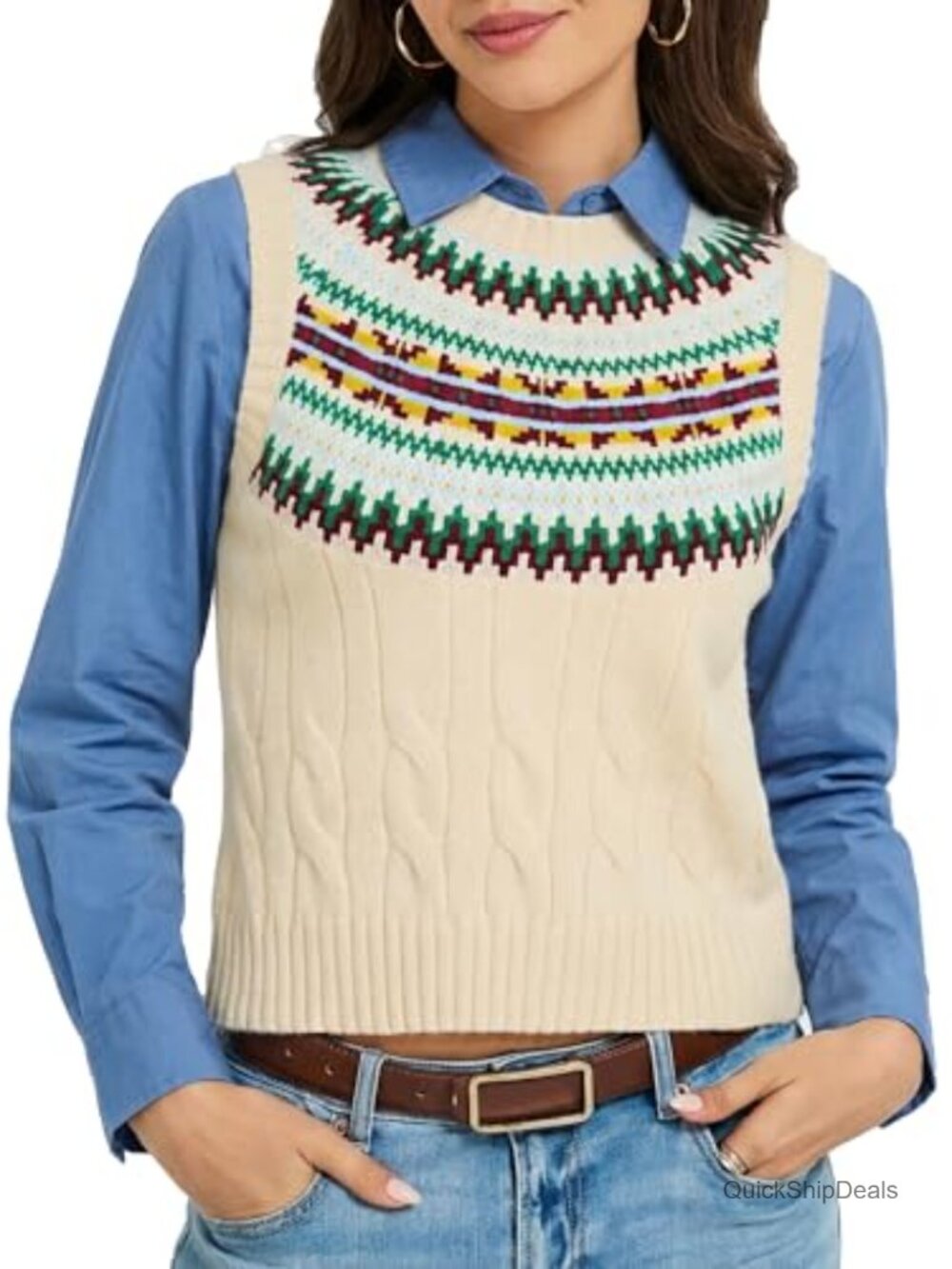 Cropped Sweater Vest Sleeveless Cable Knit Fair Isle Lightweight Layering Top